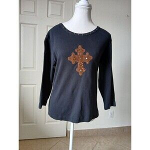 ROD'S womens Black T-shirt Short Sleeve Cross Size Medium Rhinestone